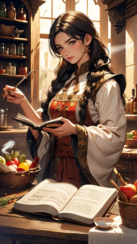 A girl with long black braided hair reading a cookbook in the kitchen, with various food ingredients in front of her, medieval fantasy theme, handmade illustration, beautiful detailed eyes and face, extremely detailed eyes and lips, long eyelashes, vibrant...