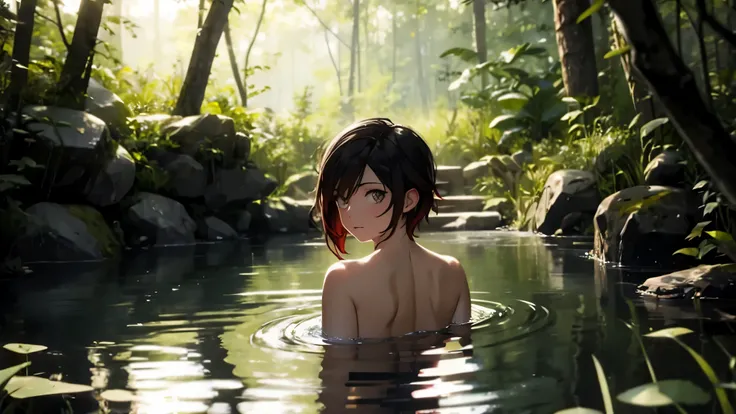 ruby_rose, naked, partially submerged, bathing in a pond, forest
