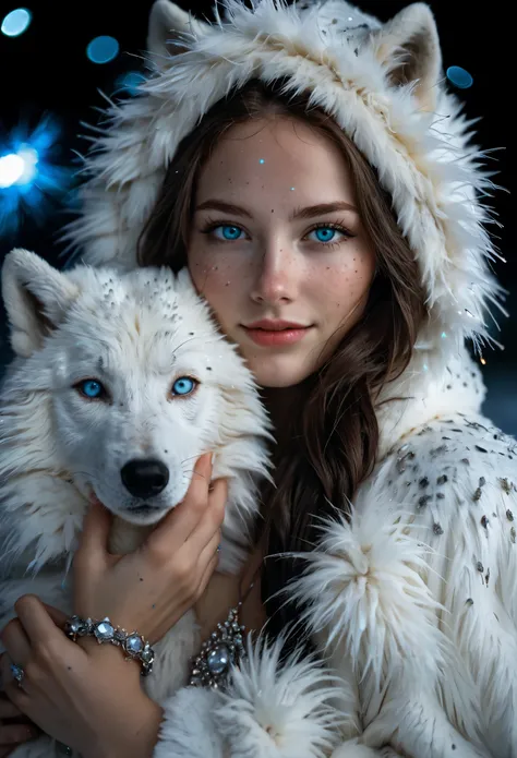 extremely detailed up close photo of a beautiful polar faerie woman, with large beautiful icy blue eyes, wearing a white fur coa...