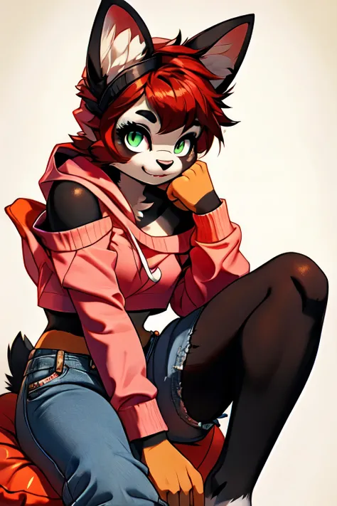 furry, (black and white fur), 1girl, animal nose, gold hearts, eye makeup, green eyes, red hair, (bunny girl), (panda girl), long black bunny ears, black cat tails, pink shortsleave hoodie, ((off shoulder)), cute purple undershirt, ((crop top)), blue jean ...