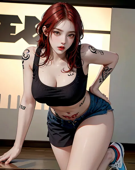 (Browsing Caution:0.7), Perfect Style, Beautiful Face, Highly detailed face and skin texture, (Maximum resolution: 1.2), 1 female,Hip Up, jewelry, (((He has many tattoos all over his body)), Streetwear, Play sports often, Red hair, Panties, sneakers, (((Ti...