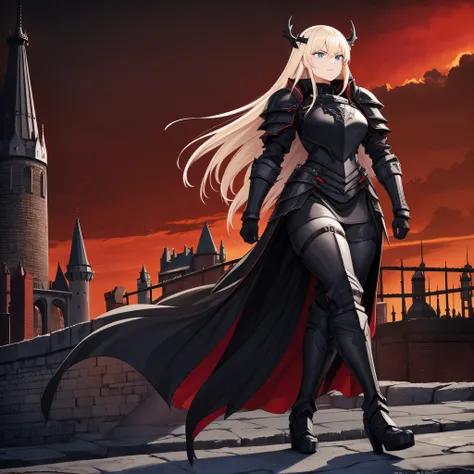 a woman wearing black heavy armor with red trim, iron cross on the armor, black metal boots, black metal helm on her head, black metal bracelets, red fur coat, long blonde hair, blue eyes, walking on a platform with a medieval castle with black structure, ...