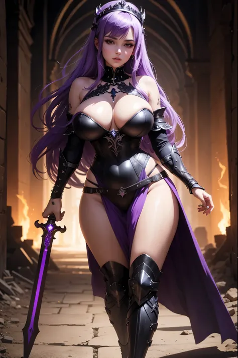 1girl, a knight, purple hair, beautiful face, skull tiara, full body amor, black heavy amor, perfect body, large breast, purple panty, black sword, look at viewer, hell back ground
