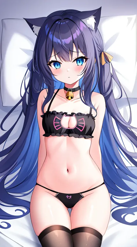 1girl, underwear, panties, tentacles, virtual_youtuber, blue_hair, long_hair, cat_lingerie, blue_eyes, cat_cutout, thighhighs, bra, one_eye_closed, bell, black_panties, navel, meme_attire, clothing_cutout, black_bra, jingle_bell, lying, cleavage_cutout, re...