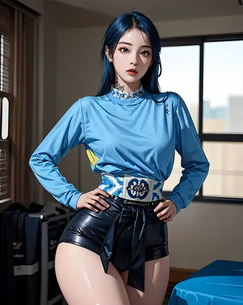 Perfect Style, Beautiful Face, Highly detailed face and skin texture, (Maximum resolution: 1.2), 1 female, alone, Hip Up, jewelry, (((He has many tattoos all over his body)), Streetwear, Play sports often, Blue Hair, panties, sports boots, (((Tight waist))...