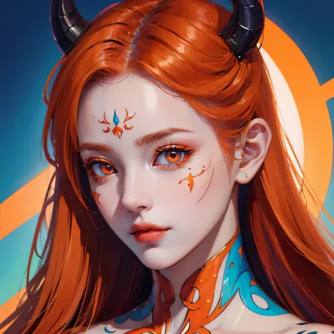 (((masterpiece))), (((highest quality: 1.4))), ((Super Detail: 1.4)) , An extremely detailed gouache painting of a tiefling woman, Gorgeous exotic features, Amber neon eyes:1.5,  Orange Hair, Highly detailed facial features, Expressive Face, Detailed Textu...