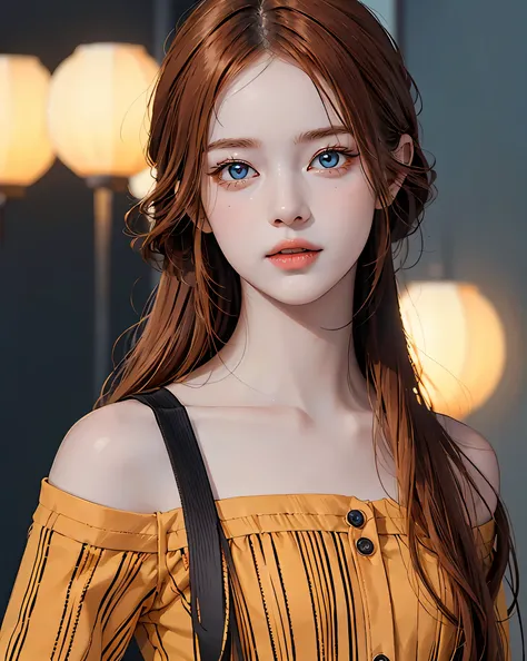 (((masterpiece))), (((highest quality: 1.4))), ((Super Detail: 1.4)) ,Gorgeous exotic features, Amber neon eyes:1.5, Orange Hair, Highly detailed facial features, Expressive Face, Detailed Texture, Blue skin tone, Tattoo, Natural Skin Shader, Volumetric, W...