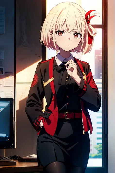 chisatonishikigi, Chisato Nishikigi, short hair, bangs, Blonde, (Red eyes:1.5), hair ribbon, One side up, Bobcut,
OL, Akagi Glasses, Black suit jacket, Collared jacket, White dress shirt, Collared shirt, Neckline, button, Black pencil skirt, Black Pantyhos...