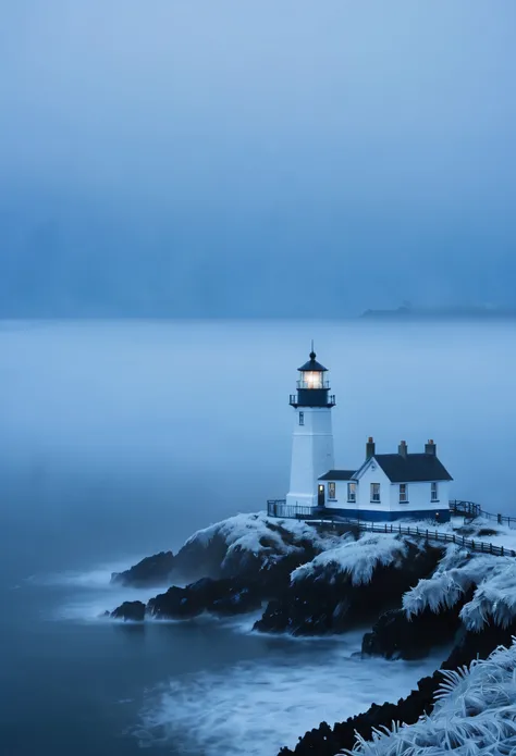  The island lighthouse in Melancholy Mists, enveloped by gentle, melancholic layers of midnight blue fog, evoking the introspective beauty of memories past in the delicate unfurling frost tendrils