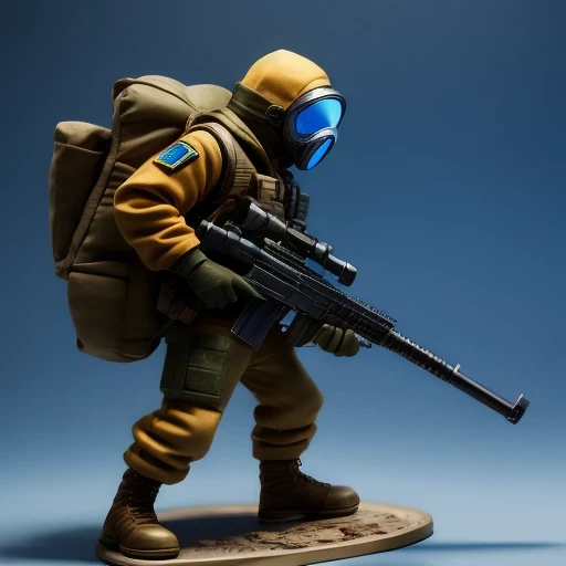 ((side angle))Alafud Soldier with gas mask and gun, Sanya Toys, Guerrilla, vinyl toy figurine, Highly detailed toys, Future combat equipment, Stop motion vinyl characters, Soldier, Marmoset Rendering, camouflage equipment, Octane Rendering”, Octane Renderi...