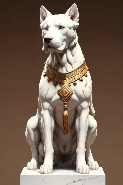 A realistic Greek white marble statue of a contemplative, brave dog detailed in a lifelike pose, wearing a tattered brown toga, set against a neutral, moody background. The dogs expressive eyes are filled with wisdom and intelligence, and the statue is exe...