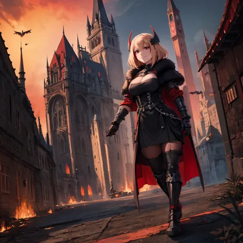 a woman wearing black heavy armor with red details, iron cross on the armor, black metal boots, black metal helm on her head, black metal bracelets, red fur coat, short blonde hair, red bangs, brown eyes, with a psychopath smile, scary face, walking on a p...