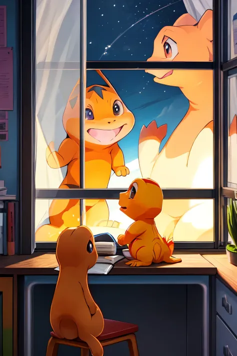 chico estudiando una noche junto a la ventana de su departamento, accompanied by your pet, un charmander