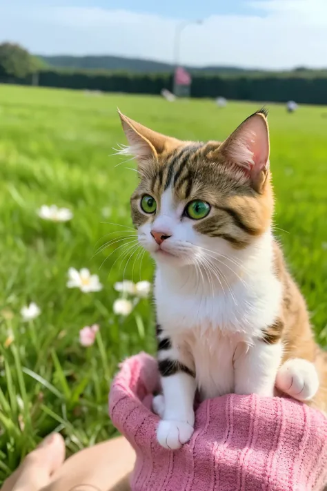 Id like a cute cat avatar! The cat features orange fur, green eyes, and triangular ears. Id prefer the avatar to be in a cartoon style, with a background of a fresh grass field or a simple rainbow. Please ensure the expression is cheerful and fun! If possi...