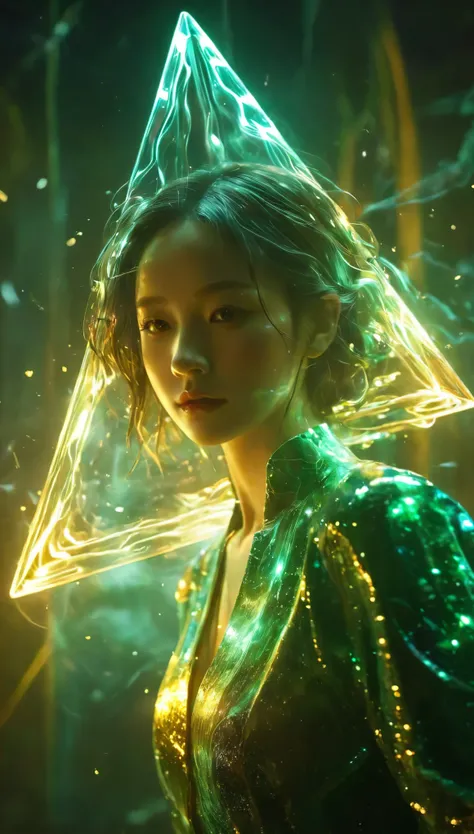 1girl，beautiful，blingbling，Motion blurred，triangle，Movie-level lighting effects，close up，detailed face，jade,(body formed by galactic liquid)