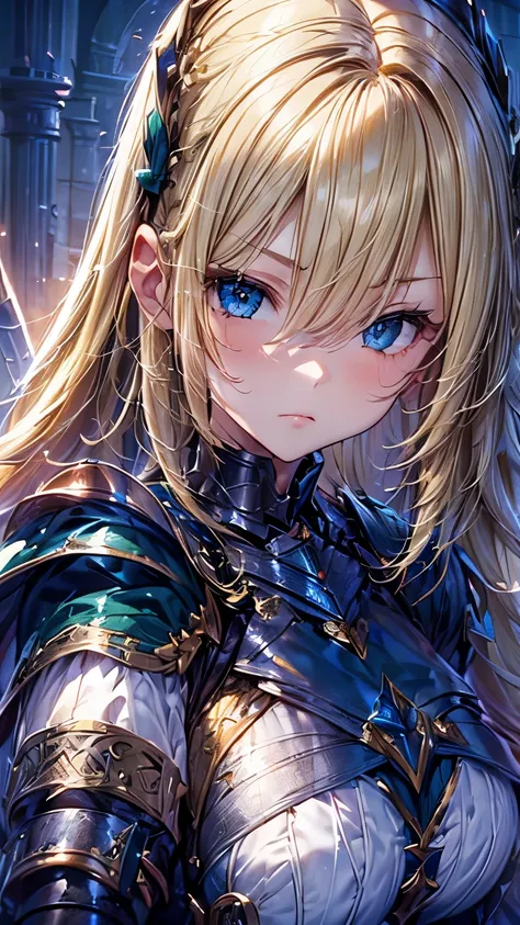 (girl knight)
(((blonde long hair)))、bangs with center parting、(right eye blue),(left eye green)、big 、soft 、