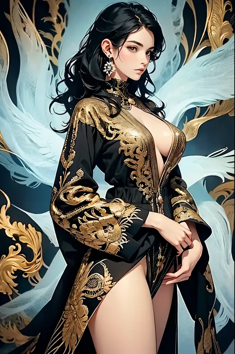 ((best quality)), ((masterpiece)), (detailed), detailed skin, golden eyes, long black hair with thick waves, black silk dress, f...