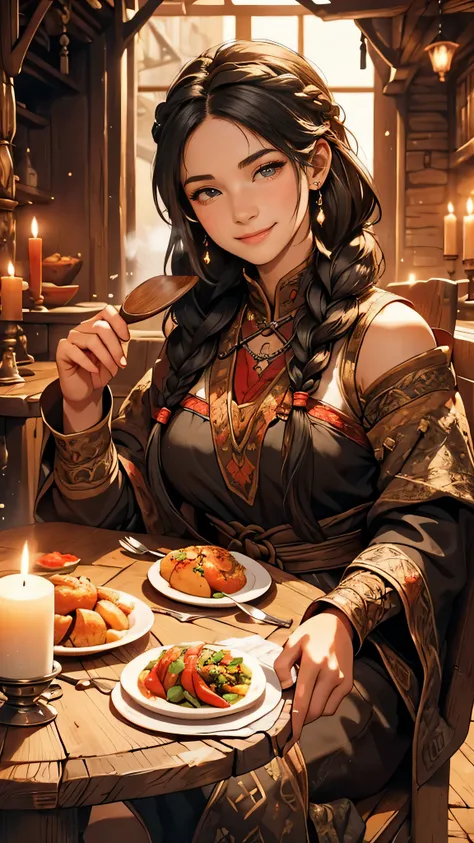 A detailed illustration of a young woman with intricate, long black braided hair, radiating warmth, sitting at a medieval-themed dining table, enjoying freshly cooked steaming food, rustic ambiance, wooden furniture, soft candlelight, intricate braids, exp...