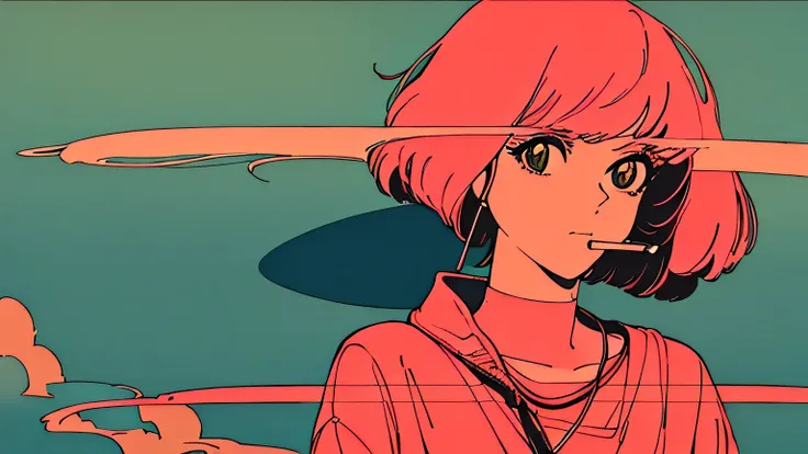 shoulder length pink Hair, fluffy bob cut, wearing headphones, Futuristic yet lofi, retro, master piece, (( side shot)), There is a plane flying in the sky,  (( looking up )), ((Holding a cigarette)),((Smoke coming out of the cigarette, Chillout