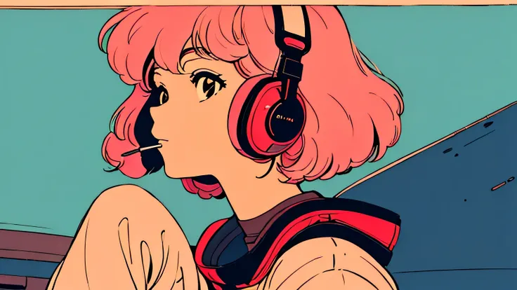 shoulder length pink Hair, fluffy bob cut, wearing headphones, Futuristic yet lofi, retro, master piece, (( side shot)),Outside the spacecraft, You can see the Earth,  (( looking up )), ((Holding a cigarette)),Smoke coming out of the cigarette)), Chillout