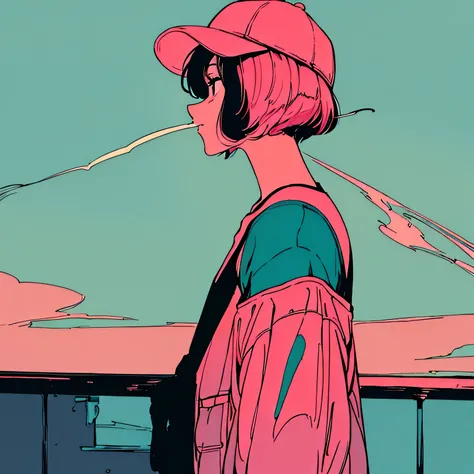 shoulder length pink Hair, fluffy bob cut, wearing headphones, Futuristic yet lofi, retro, master piece, (( side shot)),Outside the spacecraft, You can see the Earth,  (( looking up )), ((Holding a cigarette)),Smoke from cigarettes, Wearing a baseball cap,...