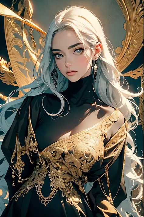 ((best quality)), ((masterpiece)), (detailed), detailed skin, golden eyes, long black hair with thick waves, black silk dress, f...