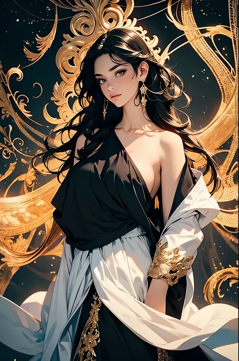 ((best quality)), ((masterpiece)), (detailed), detailed skin, Golden Eyes, Long black hair with thick waves, black silk dress, fluid dynamics, upper body nude, cowboy shot, full body image, big bust, pink nipples, brilliant golden halo, Her attire combines...