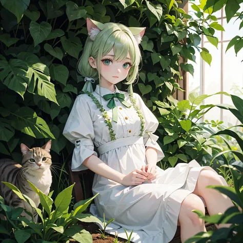 A cat wearing a pale green ribbon、Pale green hair、pale green eyes、Pale green clothes、Planting rice、Have a seedling