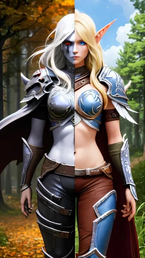 (Highly quality, highly resolutions, highly detailed, masterpiece) Dead forest background, SplitScreen, split screen, 1girl, pointy ears, long hair, hood, breastplate, pauldrons with white skulls, gloves, grey skin, red eyes, armor, cape, pants, white hair...