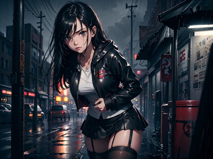 8K，tmasterpiece，Best quality，hyper-detailing，realistically，realistically，Extremely detailed face，Movie Lighting，Movie Lighting，ray traycing，unlit hair， On cloudy streets，Corner store，Bus stop，Buoggy and heavy rain，Girl with long black hair and black eyes.。...