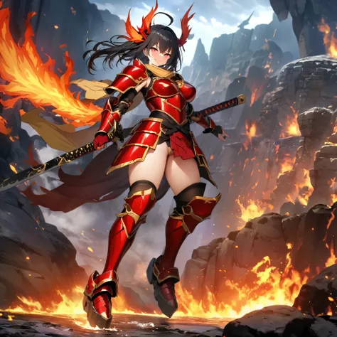 A woman wearing red heavy samurai armor, with metal boots, red bracelet, long black hair, with golden scarf in her hair, holding an unsheathed katana, glowing red eyes, sadistic smile, with a large phoenix of fire behind, walking on a rock platform, with a...