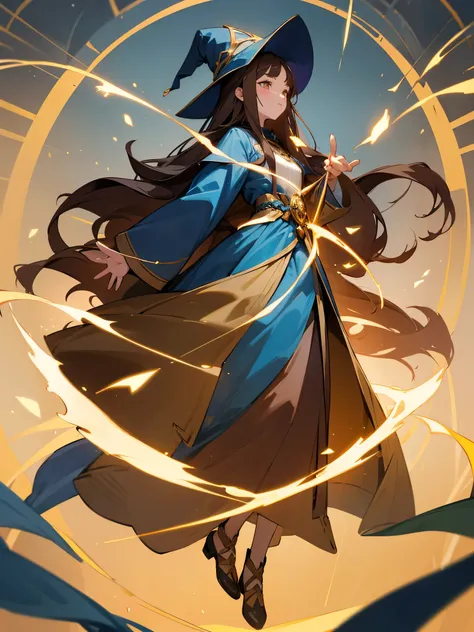 Girl、witch、long beard、brown hair、full body, long sleeved, long gown, blue and gold, ready to cast spell,