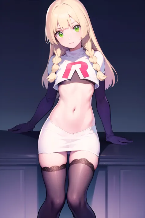 pokemonlilie, pokemonlilie, blonde hair, blunt bangs, (green eyes:1.5), long hair, (small breasts:1.2),
BREAK braid, twin braids, team rocket,team rocket uniform,white skirt,red letter R,crop top,black thigh-highs,black elbow gloves
BREAK looking at viewer...