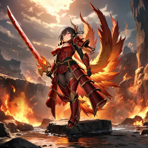 A woman wearing red heavy samurai armor, with metal boots, red bracelet, long black hair, with golden scarf in her hair, holding an unsheathed katana, glowing red eyes, sadistic smile, with a large phoenix of fire behind, walking on a rock platform, with a...