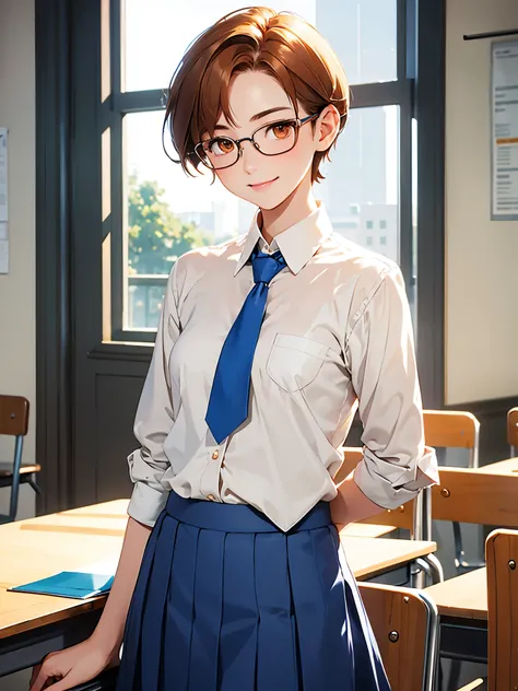 masterpiece, highest quality、girl、student、short hair、Chestnut Hair、Orange Eyes、slender、Small breasts、White blouse、Blue tie、Cream-colored blazer、Blue checked skirt、Glasses、smile、classroom、Upper Body