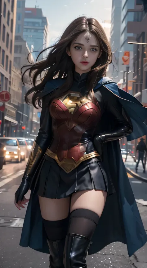 Arav woman in superhero costume standing on city street, Super Girl, Hero pose colorful city lights, gal gadot as Super Girl, emma watson as Super Girl, close up, anime visual of Super Girl, sydney sweeney, Corey Chase plays the Atlanteans, Maika Monroe Ba...