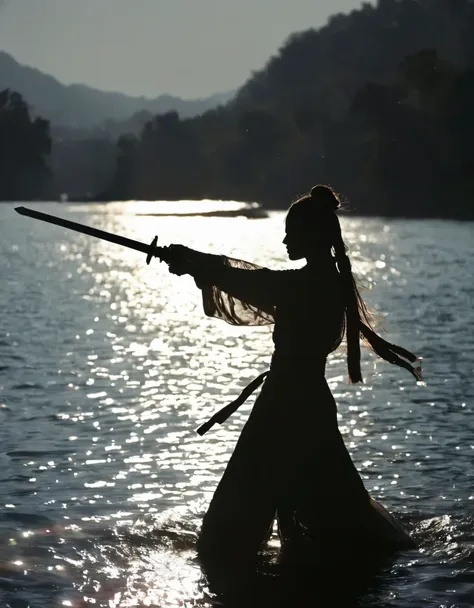 (Heroine dancing sword silhouette:1.5),Anatomically correct，1 Glowing sword,(moving posture),Hold the hilt of a sword in your hand，1sword，solo，on the lake，high contrast, movie lighting, Enigmatic Atmosphere,， corrugation，(Splashing water;1.4)，a moon，Motion...