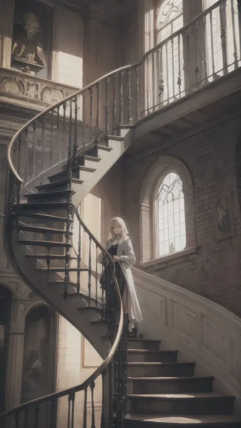 Inside the tower,Inside the dark long spiral staircase,the stair made of iron,one woman 20years old,short blonde hair,she’s wearing army’s style,the woman is standing on the stairs,(woman close up)