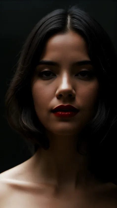 Minimalistic black background with a womans face  with sharp red lipstick, partially obscured in the style of flowing fabric, acreating an enigmatic and mysterious atmosphere. The dark tones accentuate the dramatic effect of her lips and hair against the s...