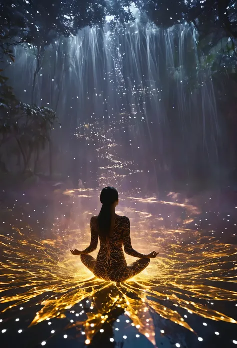 fullbody Photography of lotus pose girl,Raw, cinematic shot, (sharp focus:1.5), (photorealistic:1.4), twilight lighting, volumetric lighting, ultra high res, 16K,dramatic lighting, abstract backgrounds:1.5)(zentangle,datura,Tangles,entangled:0.7)Kitsune wi...