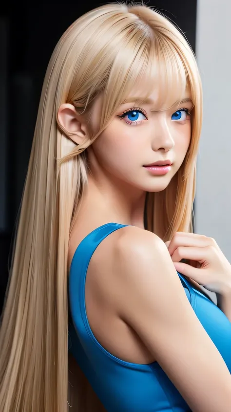 unparalleled beauty, glossy, radiant and firm skin, bangs between the eyes, shiny straight beautiful natural platinum blonde, su...