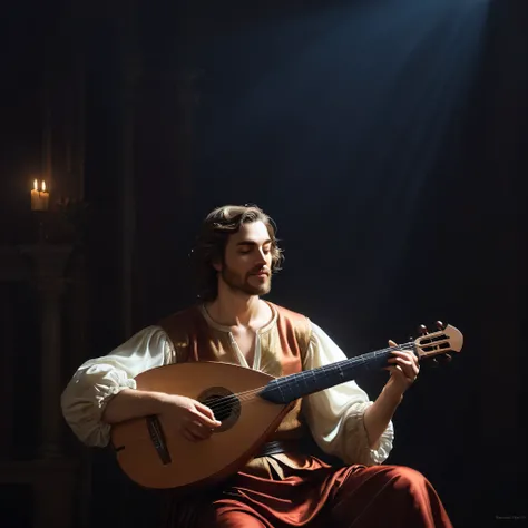 (masterpiece), ((best quality)), extremely delicate and beautiful, illustration, painting of a man playing a lute in the dark, is playing a lute, inspired by Girolamo Muziano, a bard, the lute player, fanart, official fanart, light study, inspired by Geral...