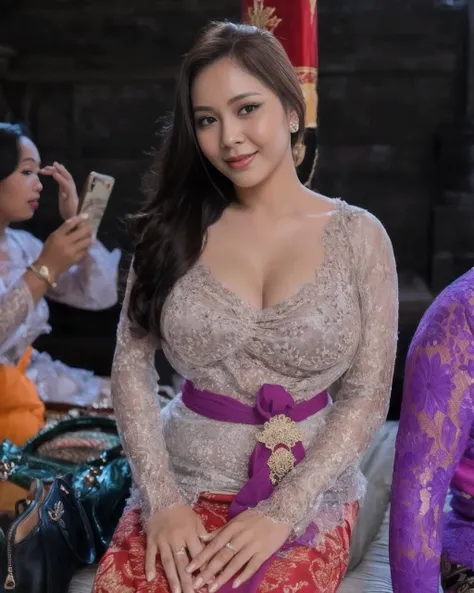 Vogue style photo shoot of malay 20 years old lady wears ((traditional bali kebaya)), ((transparent cloth)), nsfw, brown skin, ((dimple chin)), full hairy pussy, cameltoe, l overflow big breast, detail skin texture, big natural breast, saggy breast, very s...