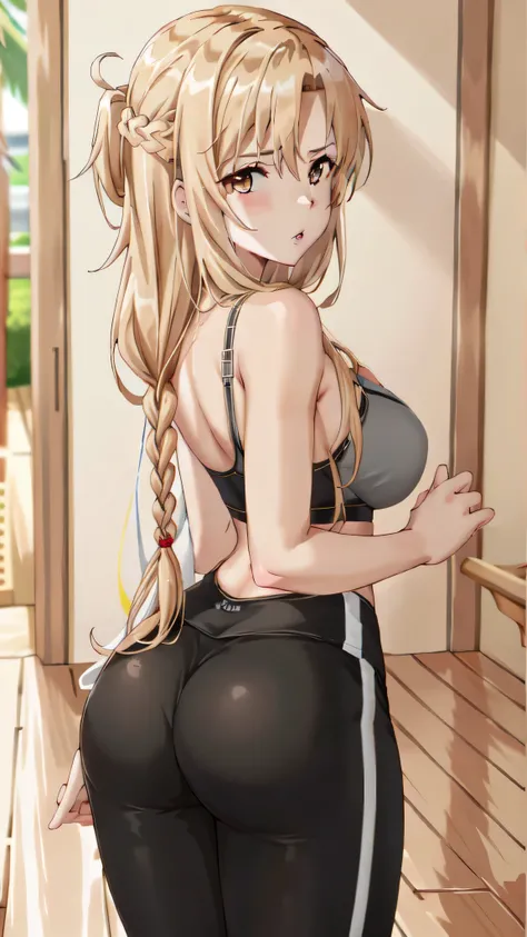 black yoga pants legging closeup ,Yuuki Asuna, Brown hair, Brown eyes, medium breasts, Long hair, braid big ass hand on ass, well drawn hands  pee  on floor a lot 