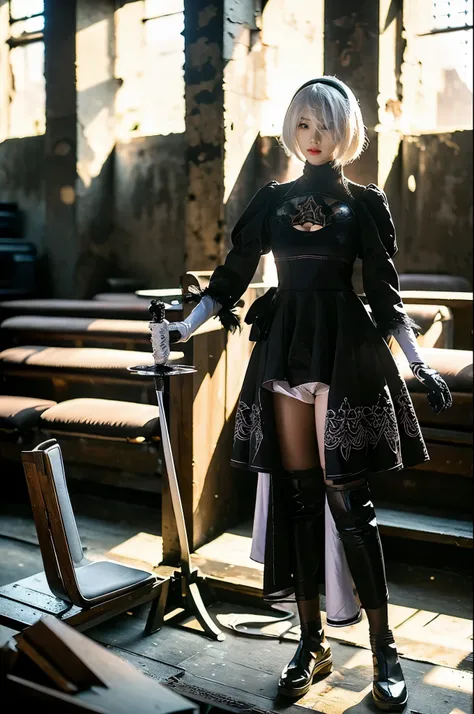 nier:Beautiful cosplay of 2B from Automata、A woman cosplaying as 2B、White skin、tall、可likeい顔、21 years old、Englishman、nier:2B&#39;s black costume from Automata、Light background、Fantasyな教会を背景に、Standing tall in the middle of the church、Shooting from a diagonal...