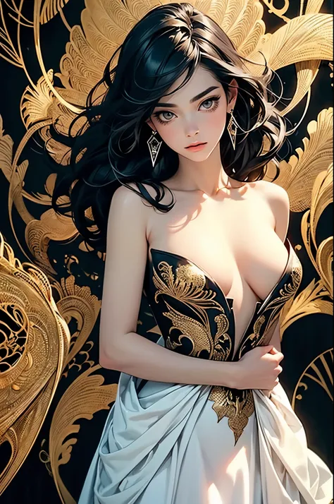 ((best quality)), ((masterpiece)), (detailed), detailed skin, golden eyes, long black hair with thick waves, black silk dress, f...