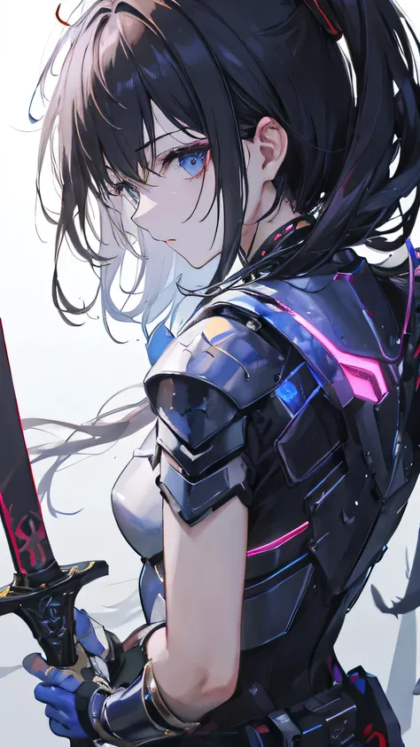 （There is a figure painting of a women with hair，swordsmen，up-close，Armor）  ；swordsmen，cyber punk perssonage，The sword