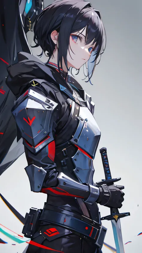 （There is a figure painting of a man with hair，swordsmen，up-close，Armor）  ；swordsmen，cyber punk perssonage，The sword