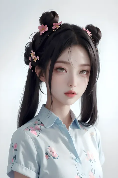 (masterpiece, best quality:1.2), cartoonish character design。1 girl, alone，big eyes，cute expression，Two hair buns，Floral shirt，interesting，interesting，clean lines