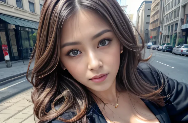 ((highest quality、8k、masterpiece：1.3))、Sharp focus：1.2、Beautiful woman with perfect style：1.4、Slim Abs：1.2、((Dark brown hair、Huge boobs：1.2))、(Natural soft light、City Street:1.1)、Highly detailed face and skin texture、Detailed eyes、double eyelid、Sexy secret...